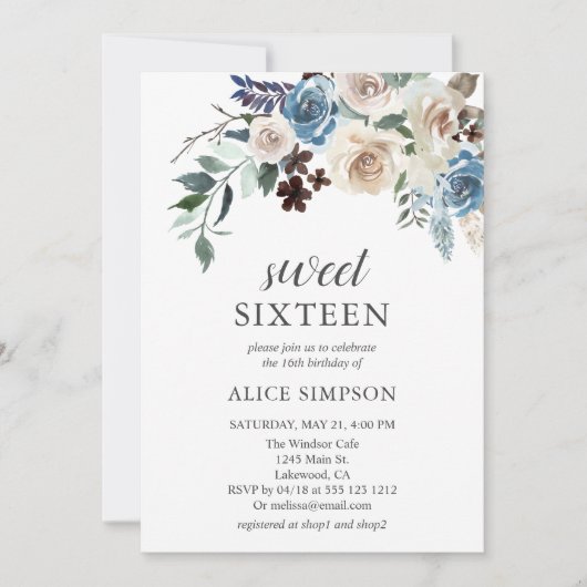 Invitation Boho Dusty Bleu Fleurs beiges Douce 16 (Devant)