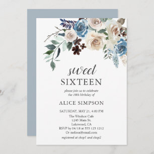 Invitation Boho Dusty Bleu Fleurs beiges Douce 16
