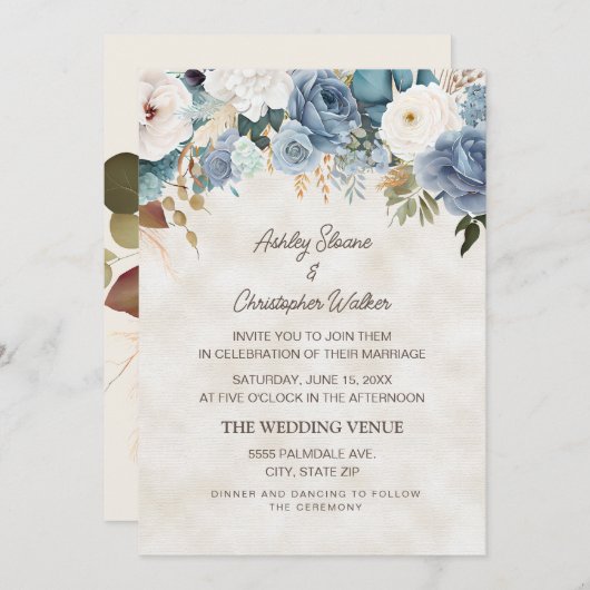 Invitation Boho Dusty Bleu Fleurs Blanches Mariage de crème (Devant / Derrière)