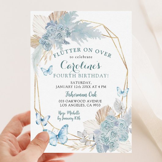 Invitation Boho Dusty Bleu flotter sur le papillon Anniversai