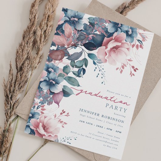 Invitation Boho Dusty Bleu Jardin d'été Floral Graduation