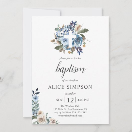 Invitation Boho Dusty Blue Beige Fleurs Baptême  (Devant)