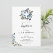 Invitation Boho Dusty Blue Beige Fleurs Baptême (Debout devant)