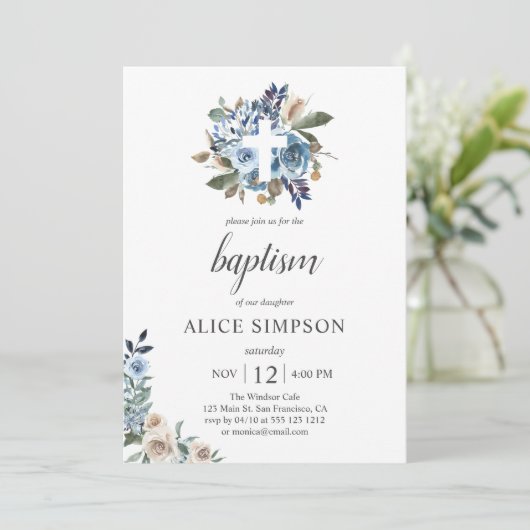Invitation Boho Dusty Blue Beige Fleurs Baptême  (Debout devant)