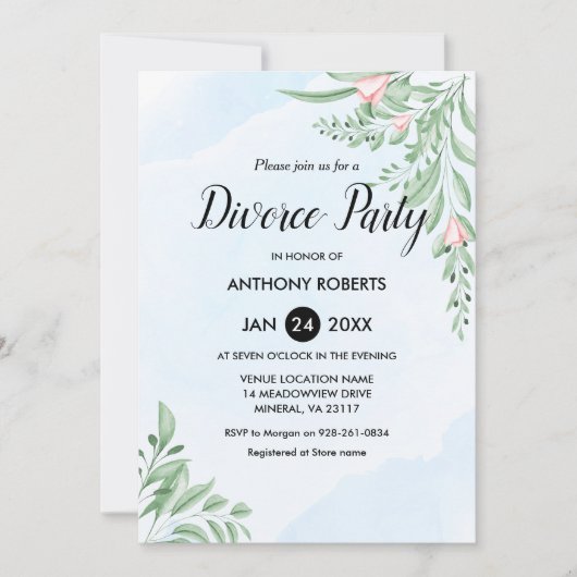 Invitation Boho Dusty Blue Eucalyptus Green Divorce Party (Devant)
