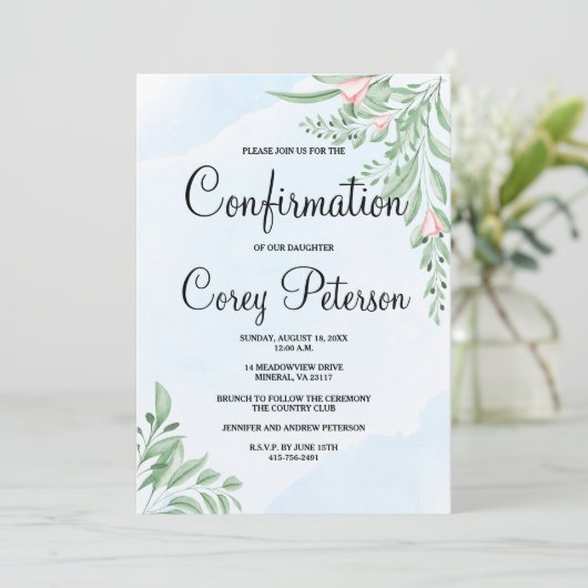 Invitation Boho Dusty Blue Eucalyptus vert Confirmation (Debout devant)