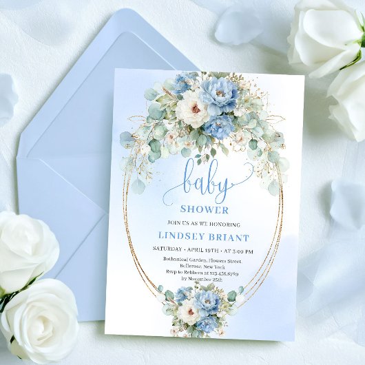 Invitation Boho Dusty Blue Fleurs Eucalyptus Or Bébé Showe