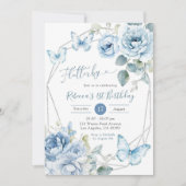 Invitation Boho Dusty Blue Floral Butterfly Anniversaire (Devant)