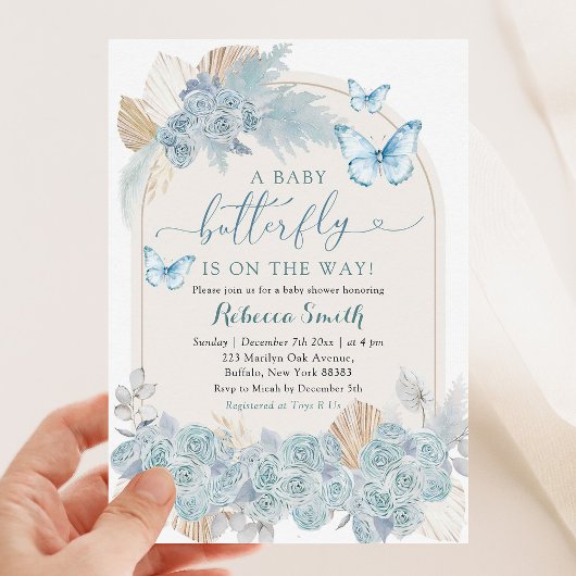 Invitation Boho Dusty Blue Floral Butterfly Baby shower