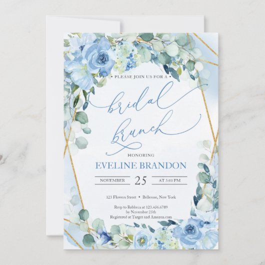 Invitation Boho Dusty Blue Floral Faux Or Géométrique Bride (Devant)