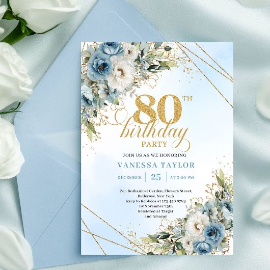 Invitation Boho Dusty Blue Floral Gold 80th Birthday Invite
