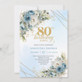 Invitation Boho Dusty Blue Floral Gold 80th Birthday Invite (Devant)