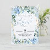 Invitation Boho Dusty Blue Floral Gold Cadre géométrique Enga (Debout devant)