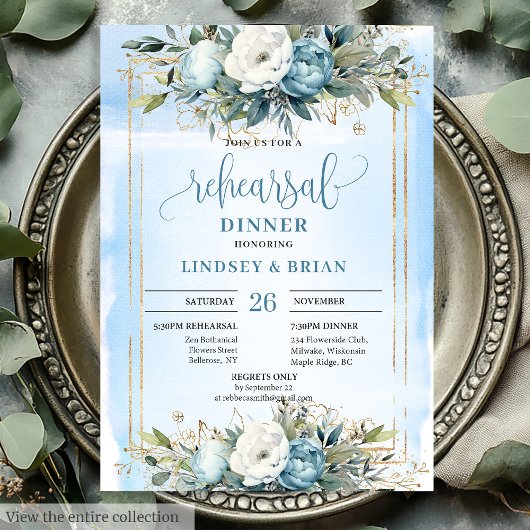 Invitation Boho Dusty Blue Floral Gold Glitter Dinner Invites