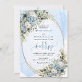 Invitation Boho Dusty Blue Floral Gold Glitter wedding invite (Devant)