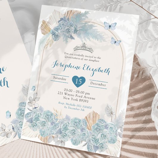 Invitation Boho Dusty Blue Floral Pampas Girl's Quinceañera
