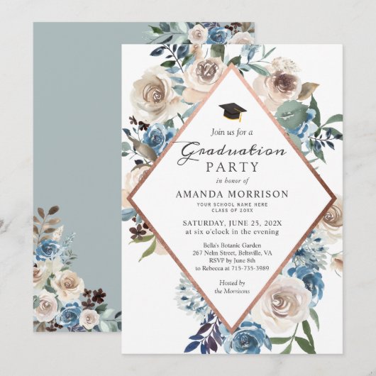 Invitation Boho Dusty Blue Floral Rose Gold Graduation Party (Devant / Derrière)