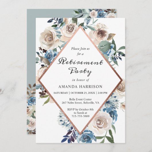 Invitation Boho Dusty Blue Floral Rose Gold Retirement Party (Devant / Derrière)