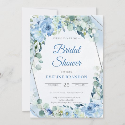 Invitation Boho Dusty Blue Floral Silver Bride géométrique (Devant)