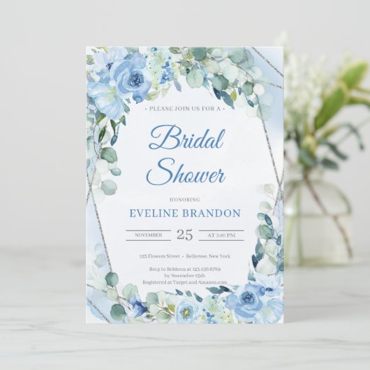 Invitation Boho Dusty Blue Floral Silver Bride géométrique (Debout devant)