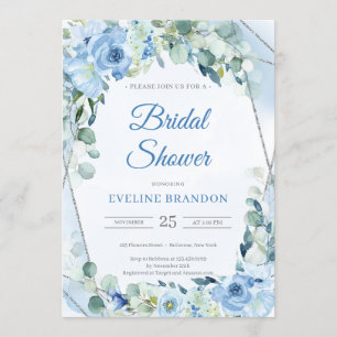 Invitation Boho Dusty Blue Floral Silver Bride géométrique