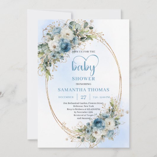 Invitation Boho Dusty Blue Flowers Gold Script Baby Shower (Devant)