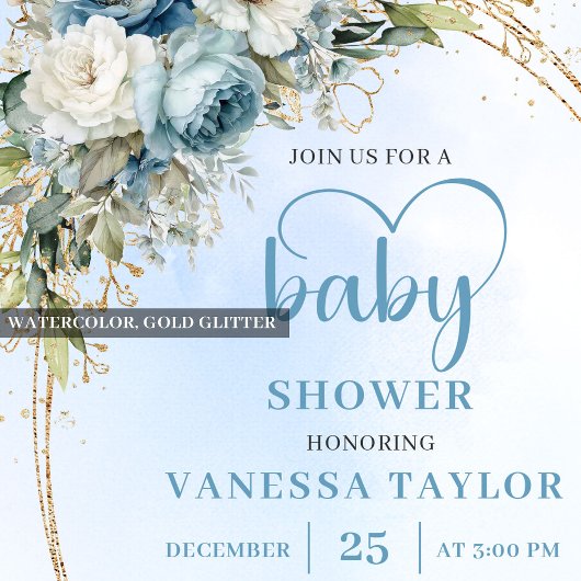 Invitation Boho Dusty Blue Flowers Gold Script Baby Shower