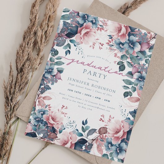 Invitation Boho Dusty Blue Garden Floral Graduation