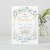 Invitation Boho Dusty Blue Gold Garden Floral Baptême (Debout devant)