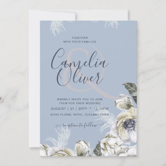 Invitation BOHO Dusty Blue Pampas Floral Mariage (Devant)
