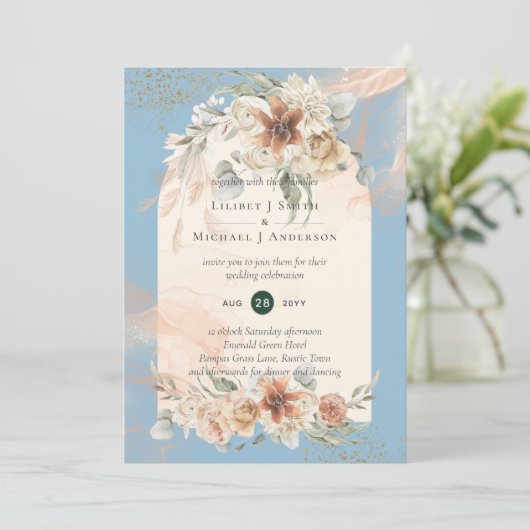 Invitation BOHO Dusty Blue Pampas Grass Mariage (Debout devant)
