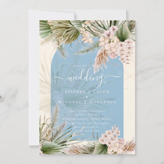 Invitation BOHO Dusty Blue Peach Pampas Grass Mariage (Devant)