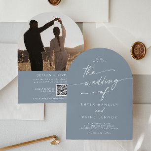 Invitation Boho Dusty Blue Photo QR Code Arch Mariage