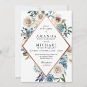 Invitation Boho Dusty Blue Rustic Floral Rose Mariage or (Devant)