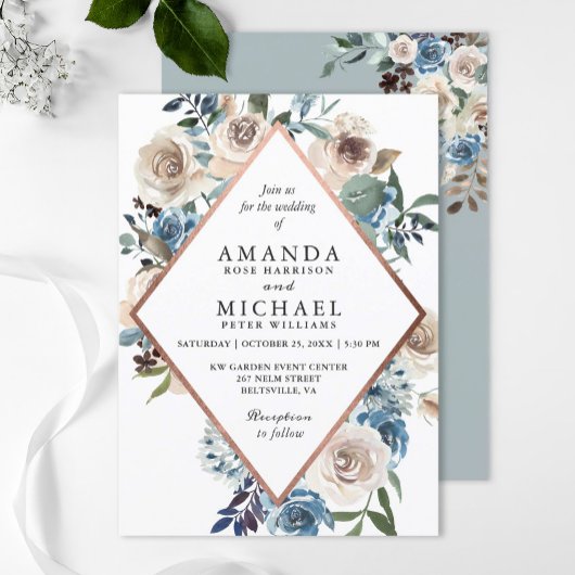 Invitation Boho Dusty Blue Rustic Floral Rose Mariage or
