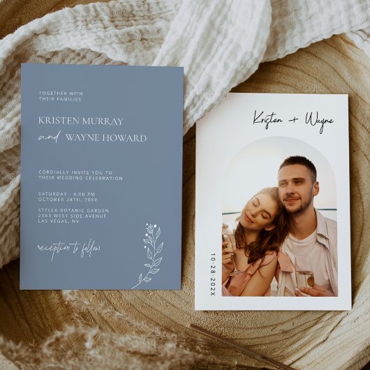 Invitation Boho Dusty Blue Simple Elegant Mariage photo