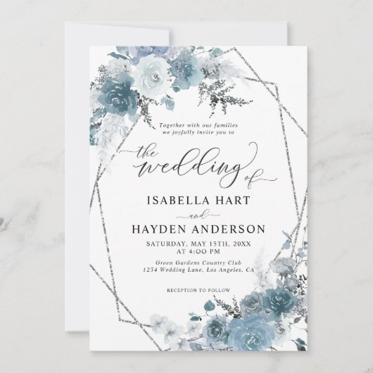 Invitation Boho Dusty Blue Slate Pastel Silver Foil Mariage (Devant)