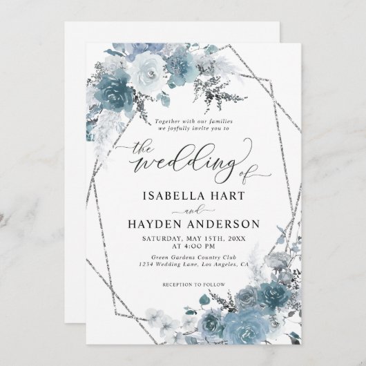 Invitation Boho Dusty Blue Slate Pastel Silver Foil Mariage (Devant / Derrière)