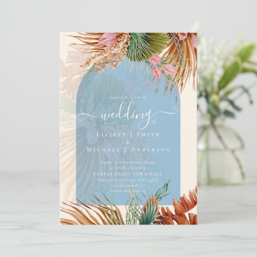 Invitation BOHO Dusty Blue Tropical Pampas Mariage en herbe (Debout devant)