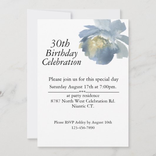 Invitation Boho Dusty Blue Watercolor Rose 30e anniversaire (Devant)