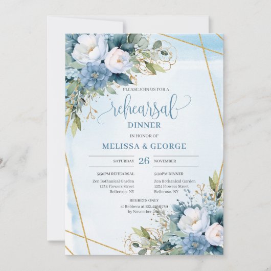 Invitation Boho Dusty Blue White Peony Diner Card (Devant)