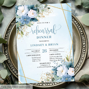 Invitation Boho Dusty Blue White Peony Diner Card