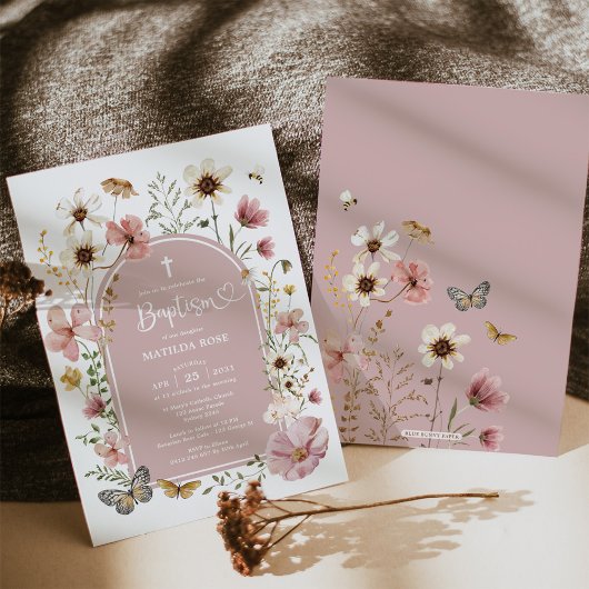 Invitation Boho Dusty Fleur sauvage rose Pré Baptême
