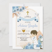 Invitation Boho Dusty Fleurs Bleues Garçon Première Communion (Devant)