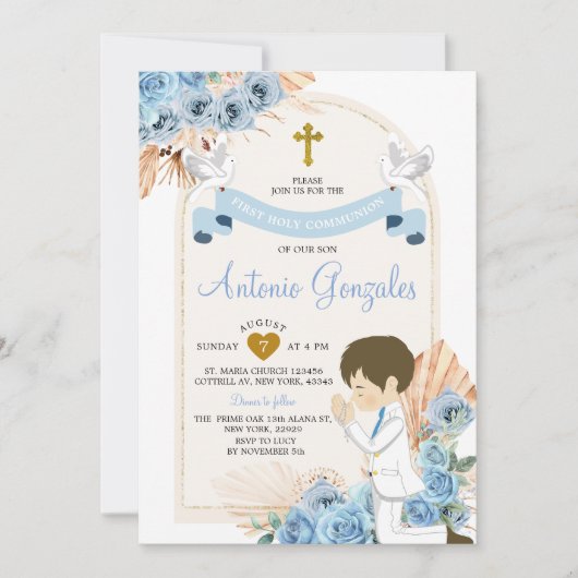 Invitation Boho Dusty Fleurs Bleues Garçon Première Communion (Devant)