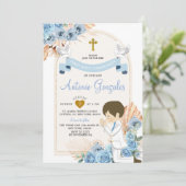 Invitation Boho Dusty Fleurs Bleues Garçon Première Communion (Debout devant)