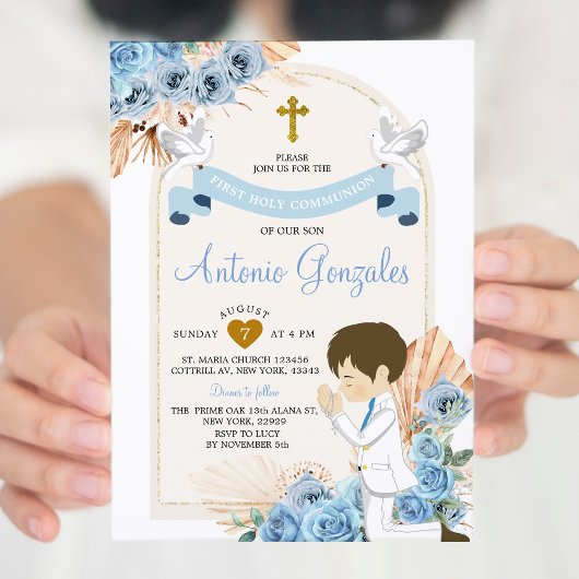 Invitation Boho Dusty Fleurs Bleues Garçon Première Communion