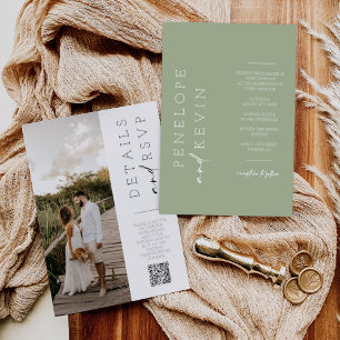 Invitation Boho Dusty Green Modern Wedding Photo QR Code RSVP