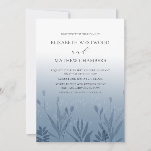 Invitation Boho Dusty Mariage de feuillage peint en bleu (Devant)