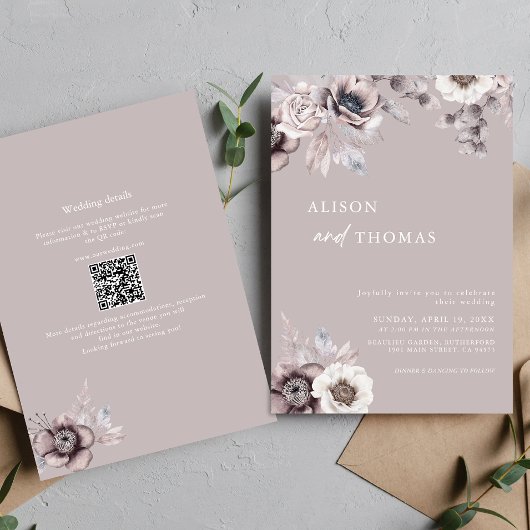 Invitation Boho Dusty Mauve QR Code 2 en 1 Mariage
